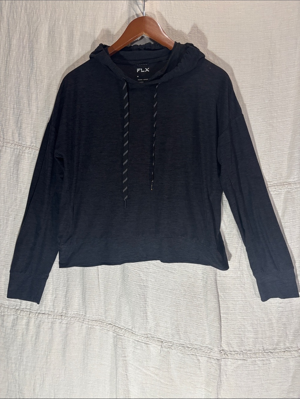 FLX Women's Black Lounge Cropped Lightweight Pullover Hoodie with Size M EUC